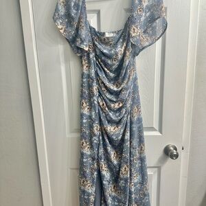 Astr Blue and White Ruched Off the Shoulder Midi Dress